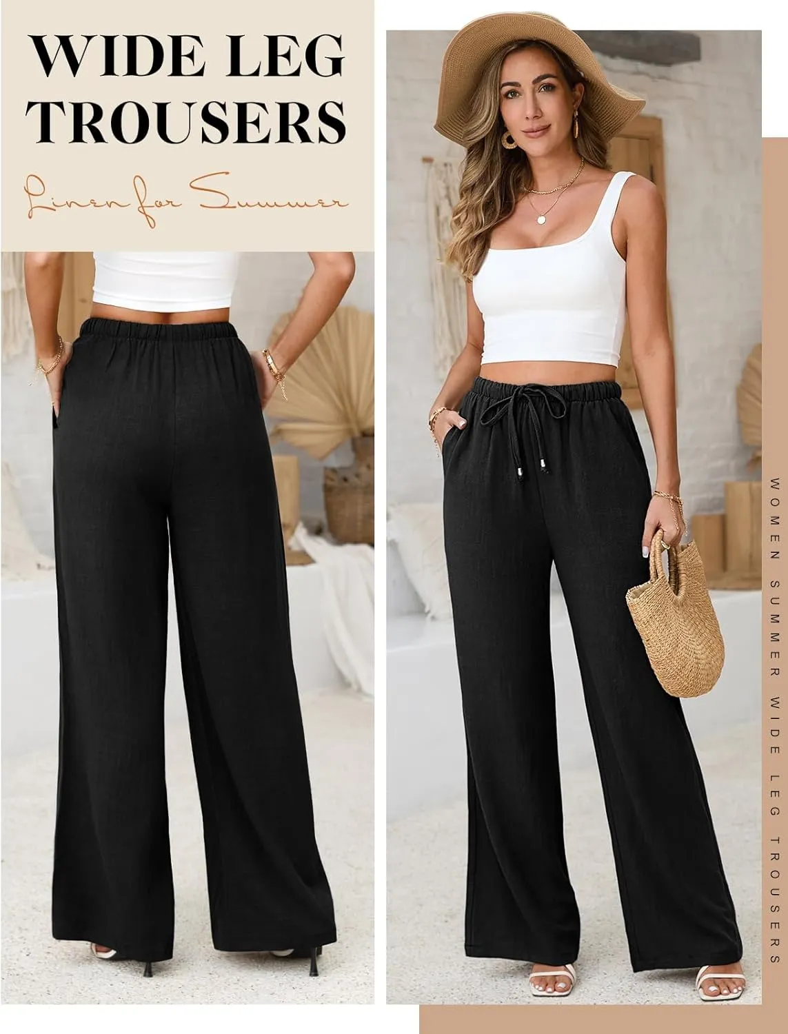 Linen Pants Women White Wide Leg Pants Summer Palazzo Pants Loose Flowy Beach Work Dress Black Pants Trousers 2025