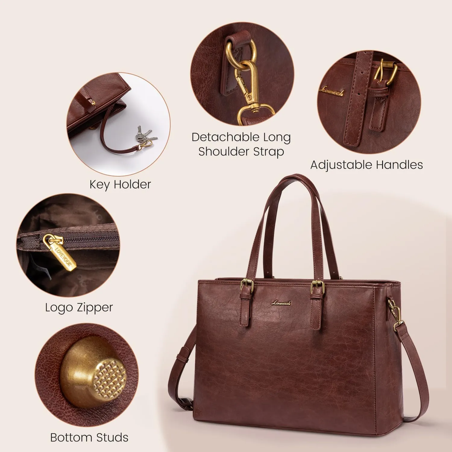 LOVEVOOK Laptop Bag, 15.6 Inch Womens Vegan Leather Computer Briefcase, Professional Office Work Tote, Waterproof Laptop Purse, Dark Brown