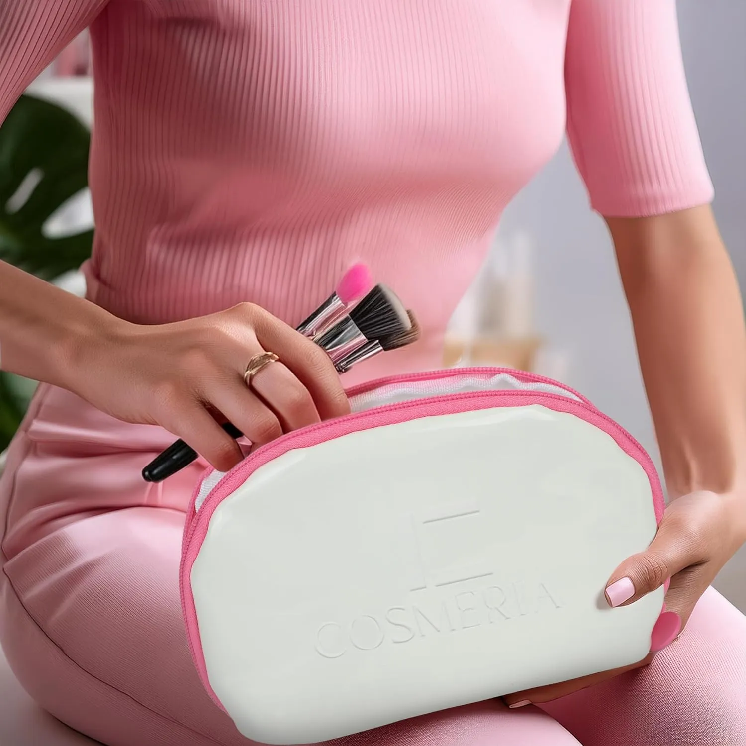Makeup Bag & Travel Cosmetic Bag - Toiletry Bag for Women Fits Carry-On and Suitcase - Make Up Faux Patent Leather Pouch with Durable Hot Pink Zipper, Medium