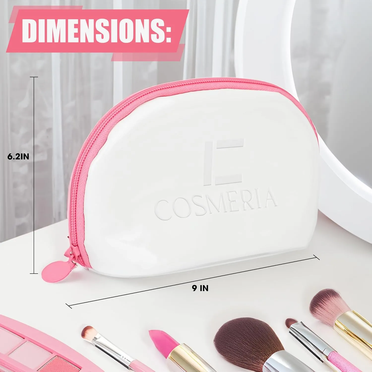 Makeup Bag & Travel Cosmetic Bag - Toiletry Bag for Women Fits Carry-On and Suitcase - Make Up Faux Patent Leather Pouch with Durable Hot Pink Zipper, Medium