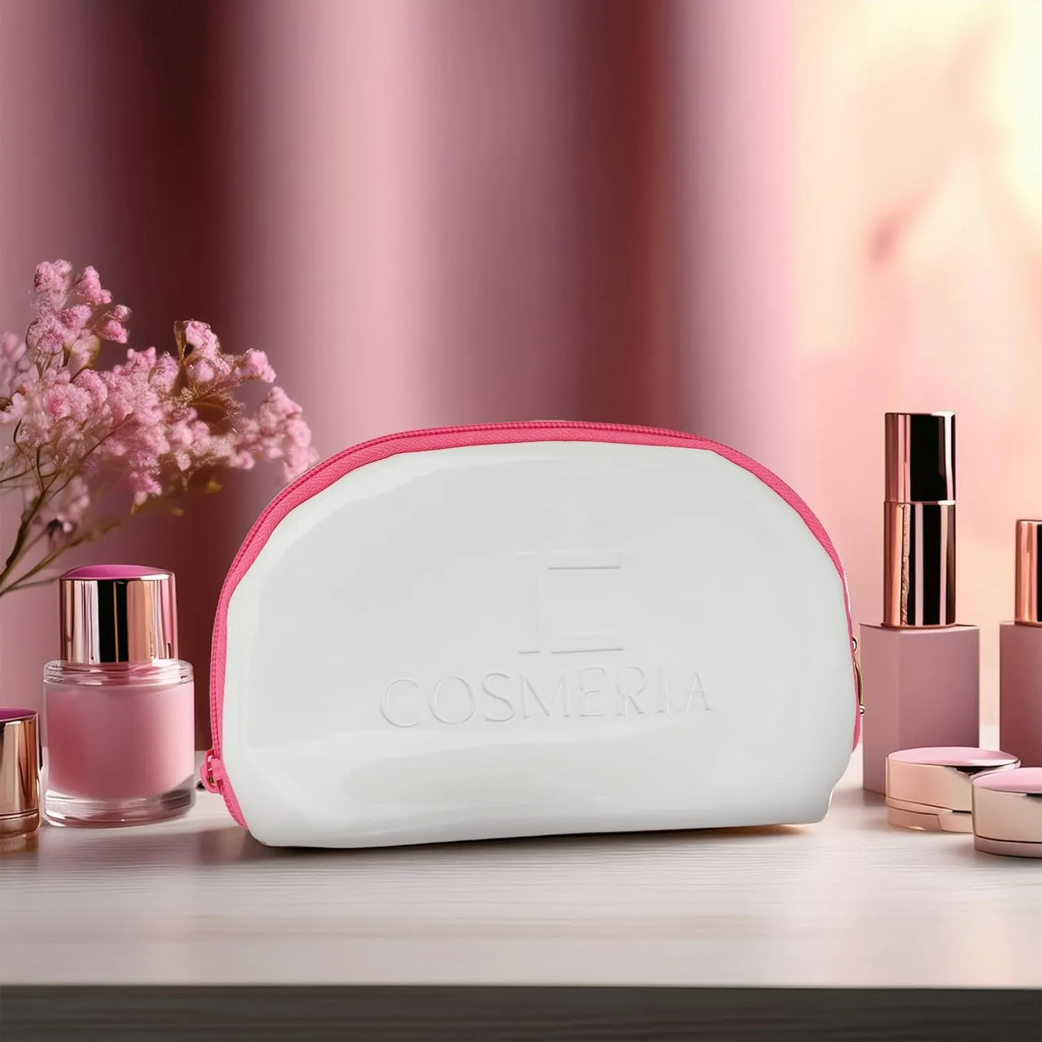 Makeup Bag & Travel Cosmetic Bag - Toiletry Bag for Women Fits Carry-On and Suitcase - Make Up Faux Patent Leather Pouch with Durable Hot Pink Zipper, Medium