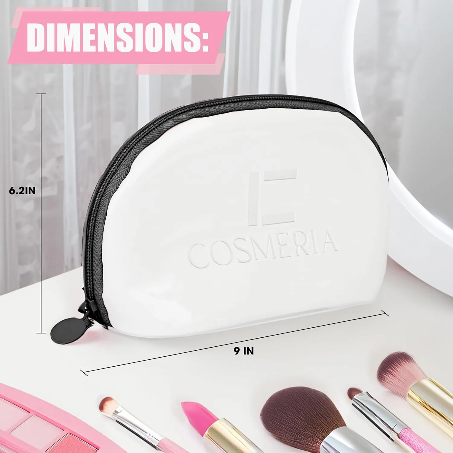 Makeup Bag Organizer & Travel Cosmetic Bag - Toiletry Bag for Women Fits Carry-On and Suitcase - Make Up Faux Patent Leather Pouch with Black Durable Zipper, Medium