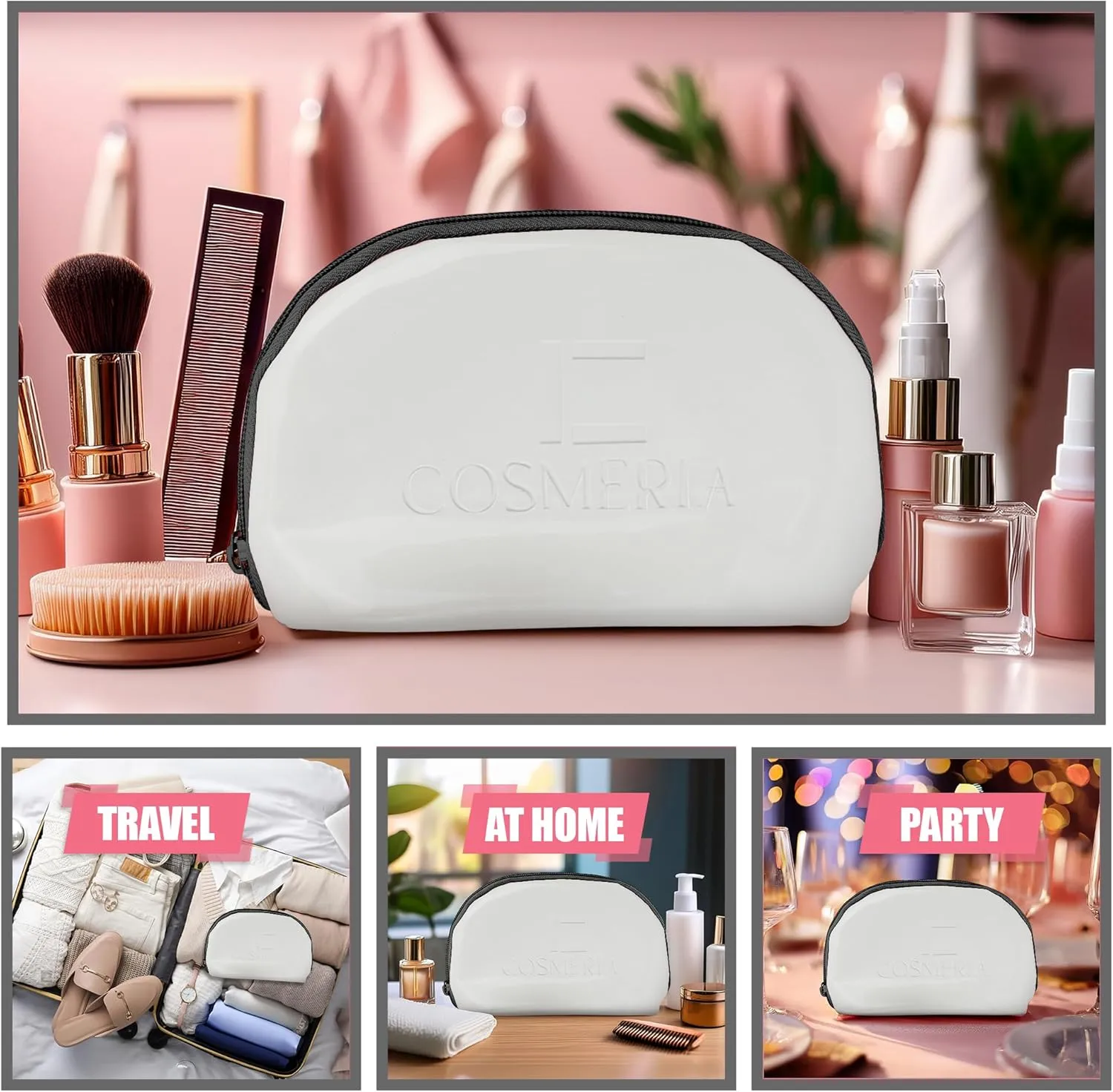 Makeup Bag Organizer & Travel Cosmetic Bag - Toiletry Bag for Women Fits Carry-On and Suitcase - Make Up Faux Patent Leather Pouch with Black Durable Zipper, Medium