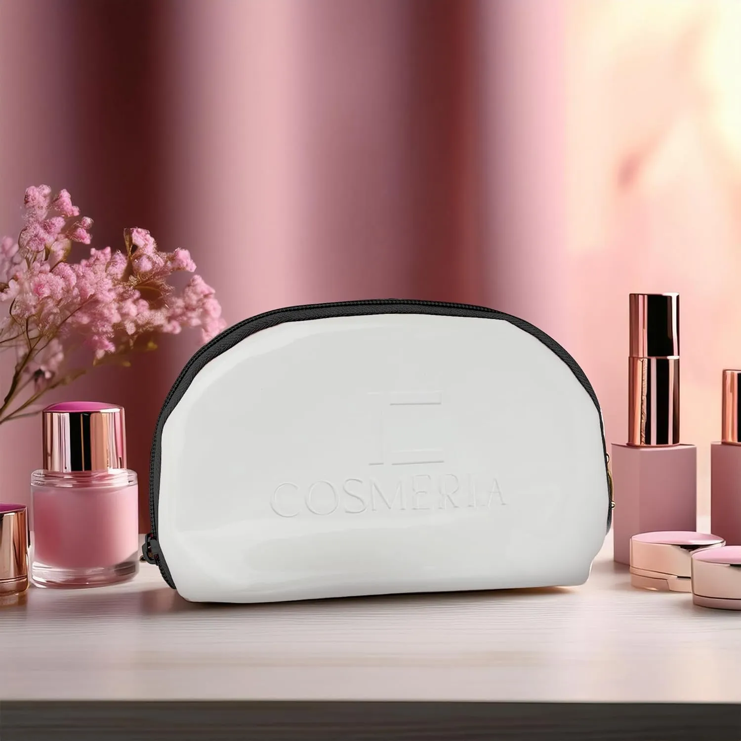 Makeup Bag Organizer & Travel Cosmetic Bag - Toiletry Bag for Women Fits Carry-On and Suitcase - Make Up Faux Patent Leather Pouch with Black Durable Zipper, Medium