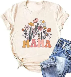 Mama Floral Shirt for Women Mom Vintage Boho Wild Flowers Graphic Cottagecore Gardening Tops Mother's Day Tee