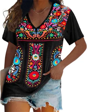 Melliflo Short Sleeve Mexican Tee Shirts for Women Floral Embroidered Loose Tops Ethnic Style Boho T-Shirts