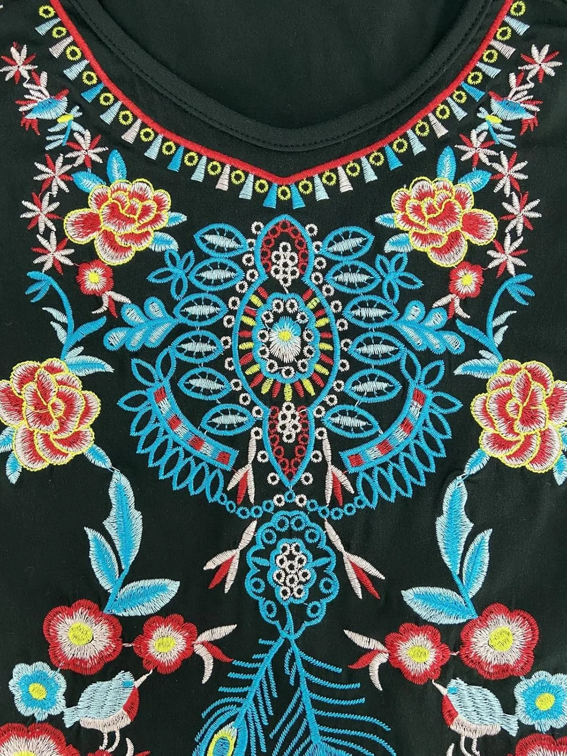 Melliflo Short Sleeve Mexican Tee Shirts for Women Floral Embroidered Loose Tops Ethnic Style Boho T-Shirts