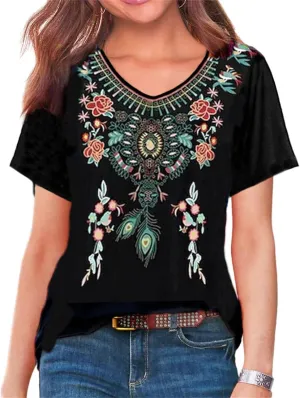 Melliflo Short Sleeve Mexican Tee Shirts for Women Floral Embroidered Loose Tops Ethnic Style Boho T-Shirts