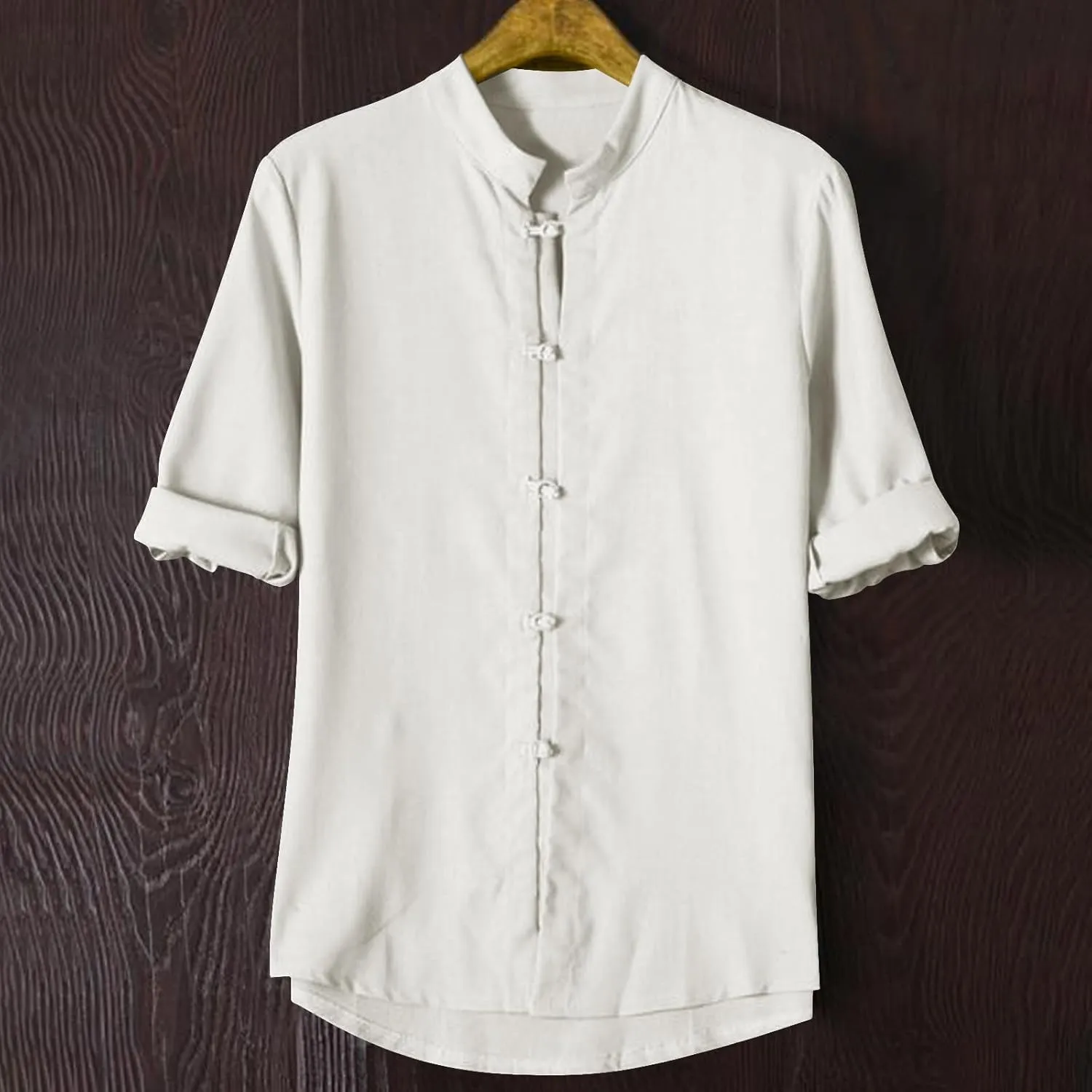 Mens 3/4 Length Sleeve Shirts Casual Button Up Summer Linen Shirt Loose Fit Solid Color Vacation Trendy Outfits