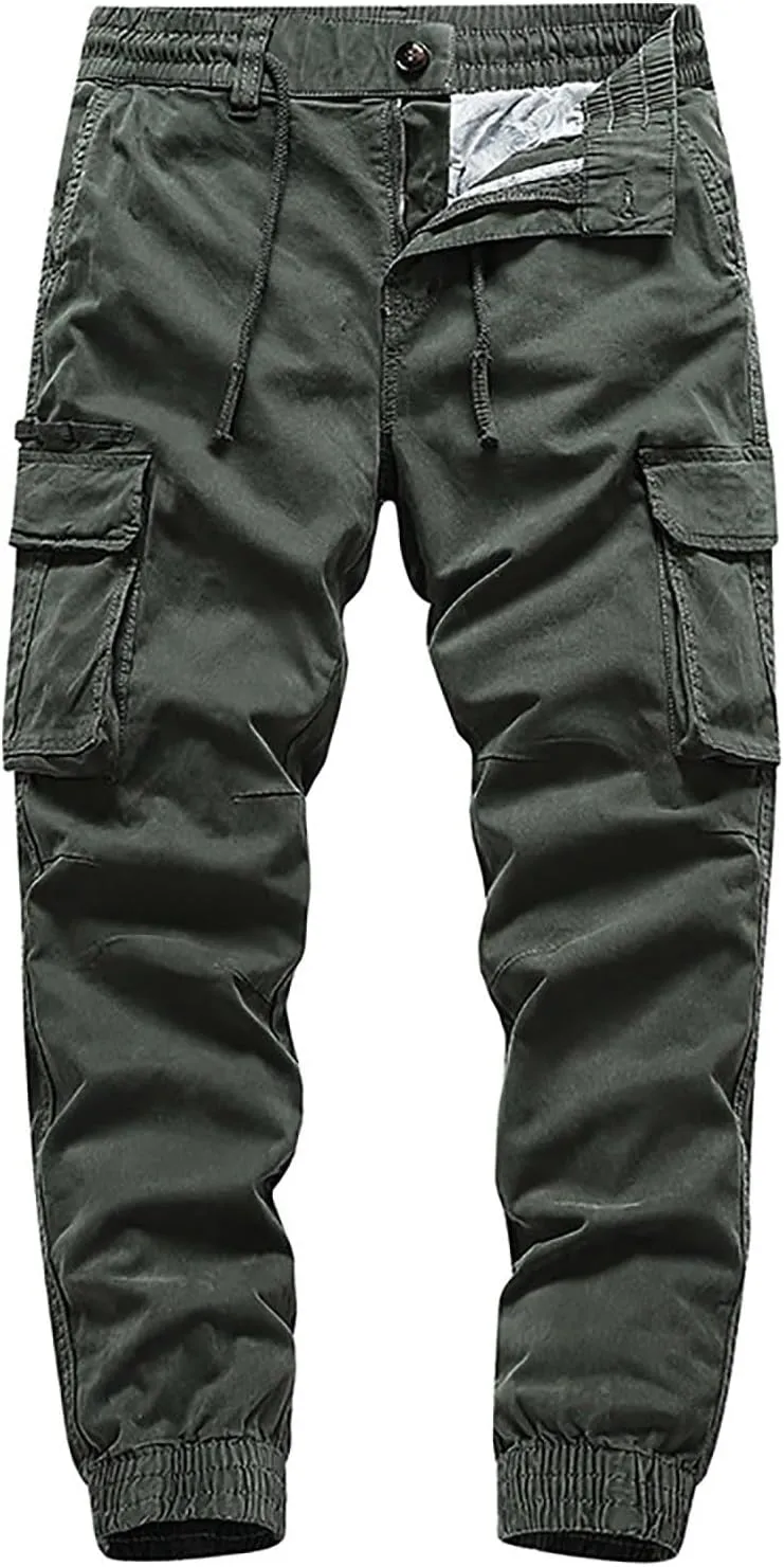 Men's Cargo Pants Big and Tall Elastic Waist Drawstring Workwear Lightweight Solid Color Casual Sweatpants with Pockets