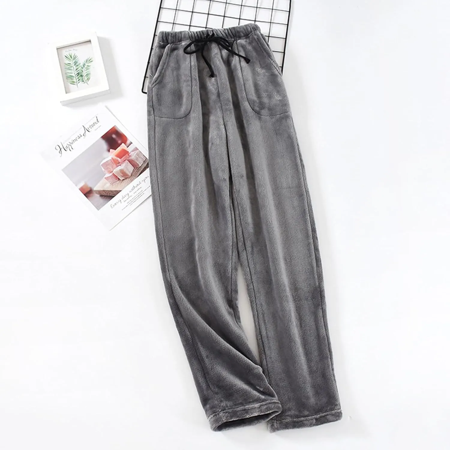 Men's Casual Fleece Pants Relaxed Fit Stretch Waist Thickened Lounge Pants Plus Size Straight Leg Comfy Baggy Trousers