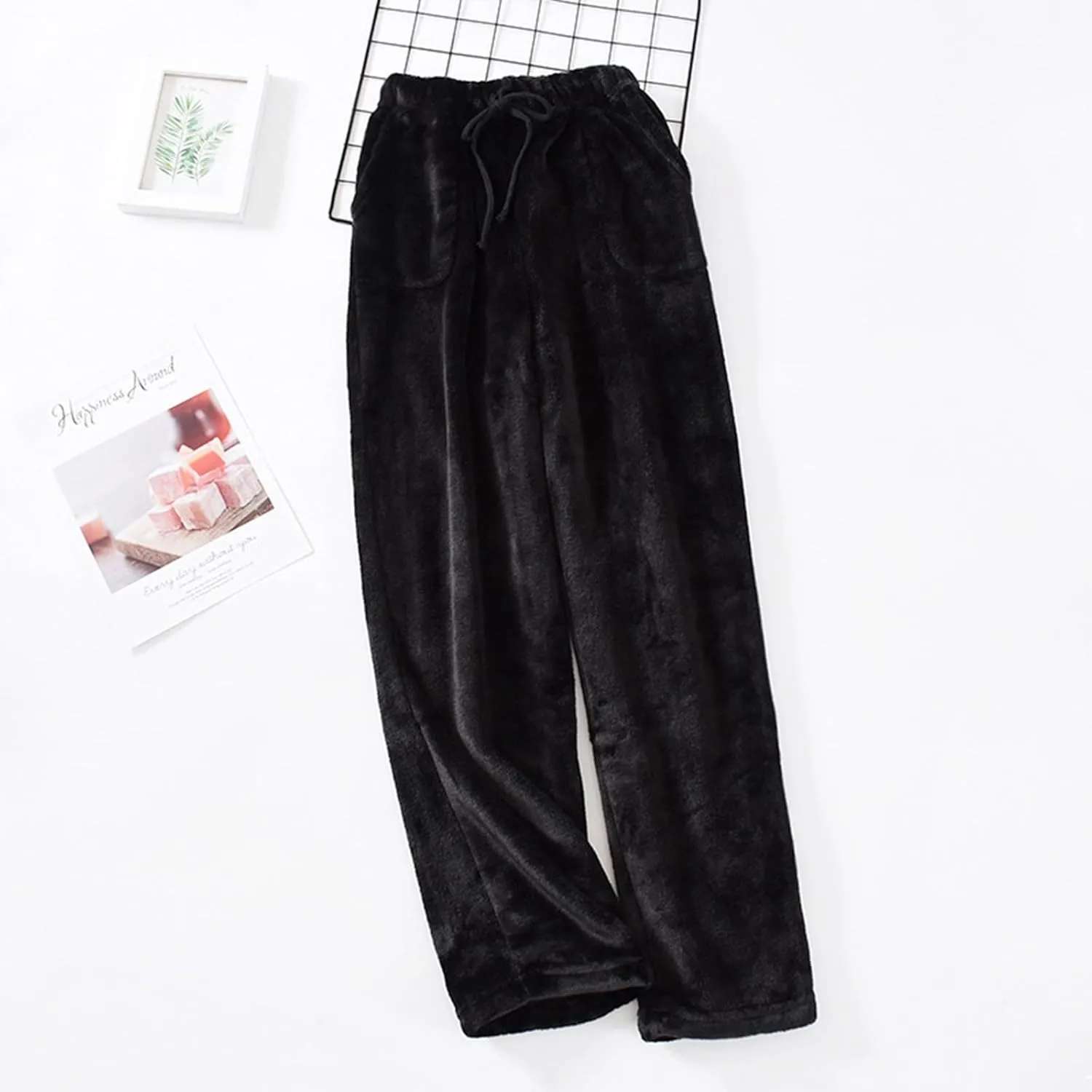 Men's Casual Fleece Pants Relaxed Fit Stretch Waist Thickened Lounge Pants Plus Size Straight Leg Comfy Baggy Trousers
