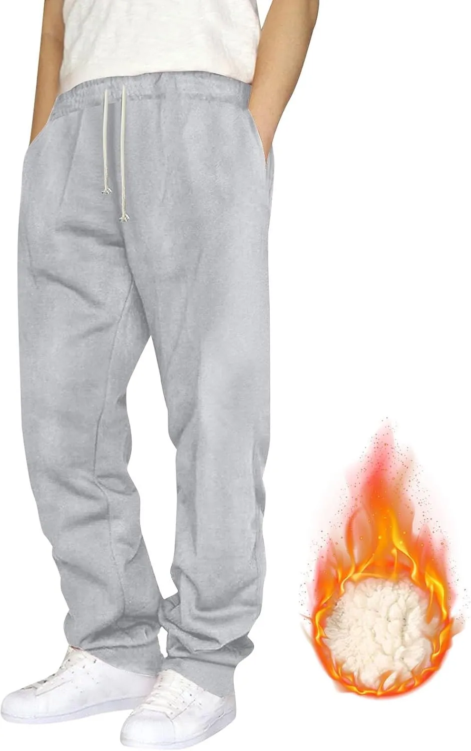 Mens Casual Fleece Pants Relaxed Fit Stretch Waist Warm Sweatpants Plus Size Soft Comfy Winter Lounge Pants with Pockets