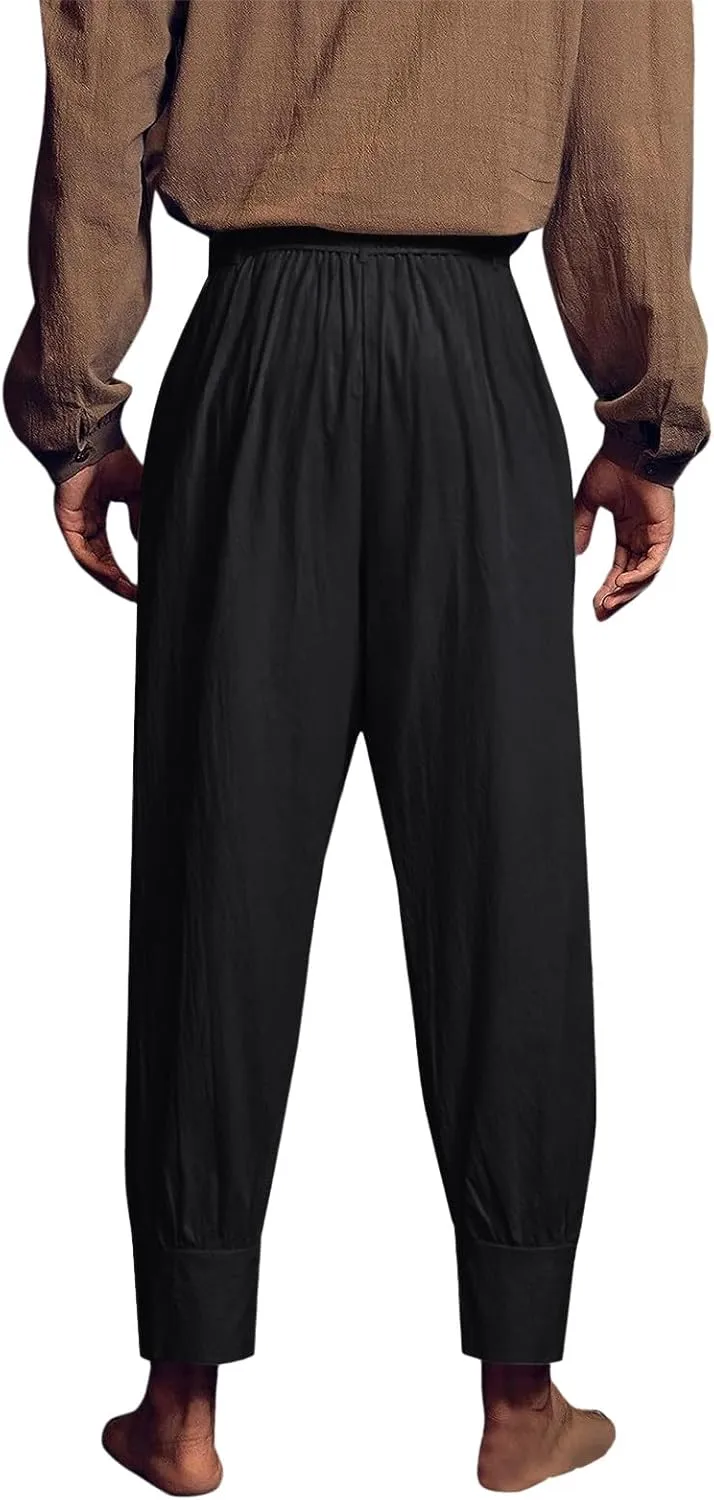 Mens Casual Pants Elastic Waist Drawstring Retro Medieval Tapered Pants Lightweight Slim Fit Summer Beach Yoga Trousers