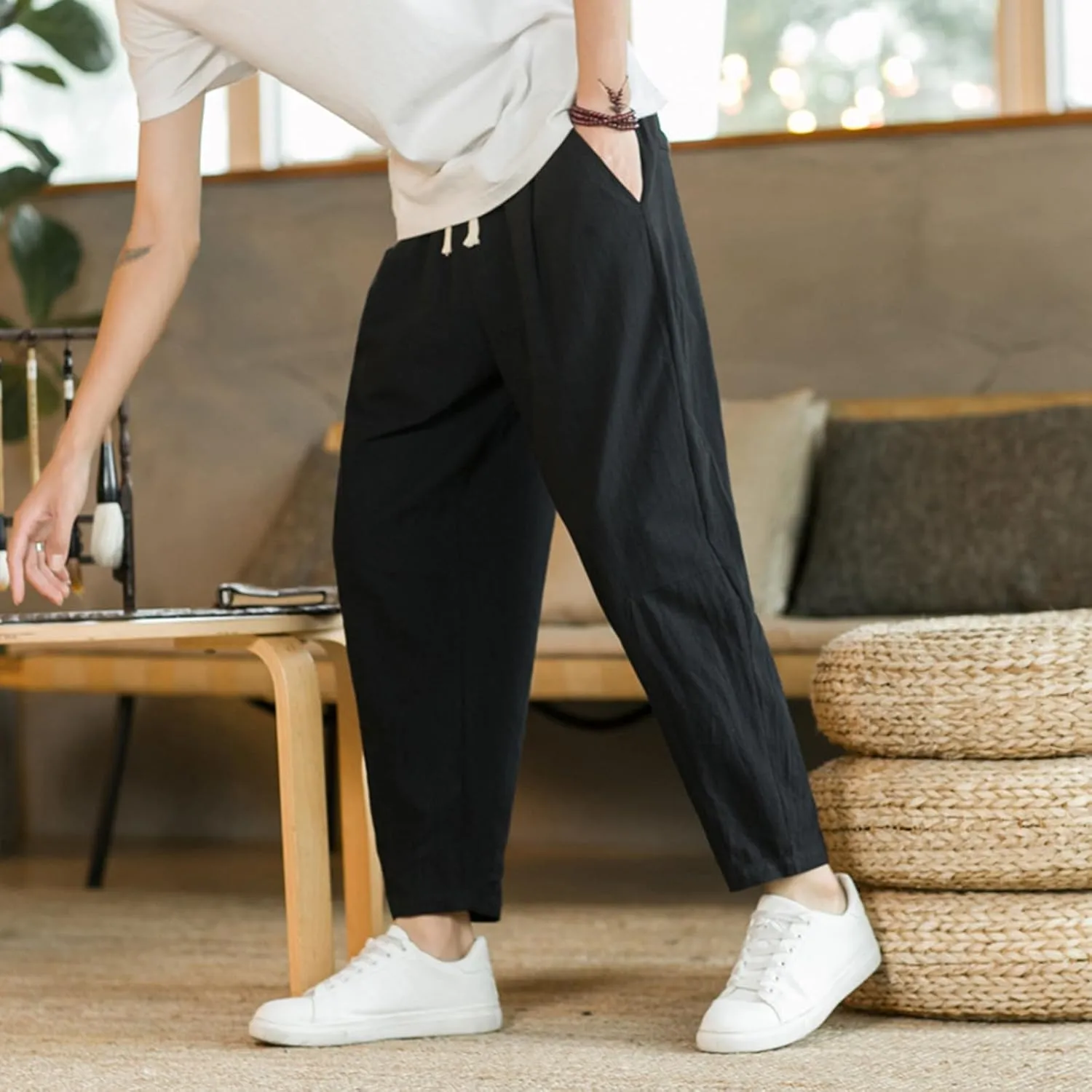 Mens Casual Pants Relaxed Fit Elastic Waist Lightweight Cotton Pants Plus Size Drawstring Summer Beach Pant with Pockets