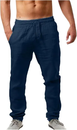 Mens Cotton Joggers Elastic Waist Loose Fit Lightweight Hiking Pants Casual Solid Plus Size Straight Leg Athletic Sweatpants