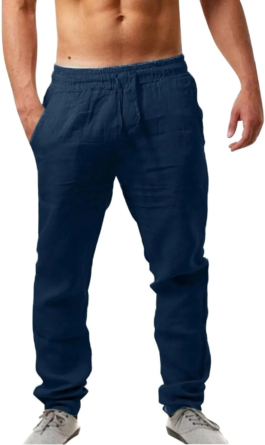 Mens Cotton Joggers Elastic Waist Loose Fit Lightweight Hiking Pants Casual Solid Plus Size Straight Leg Athletic Sweatpants