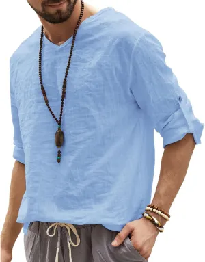 Men's Cotton Linen Henley Shirt Crewneck Long Sleeve Hippie T Shirts Casual Summer Beach Loose Fit Tees Fashion Tops