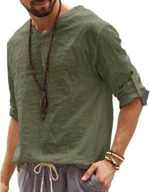 Men's Cotton Linen Henley Shirt Crewneck Long Sleeve Hippie T Shirts Casual Summer Beach Loose Fit Tees Fashion Tops