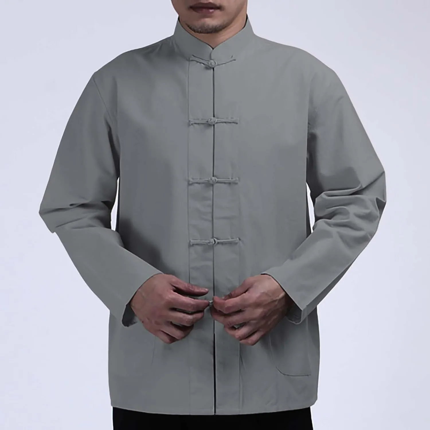 Men's Cotton Linen Kung Fu Shirts Long Sleeve Mandarin Collar Frog-Button Tang Suit Chinese Traditional Tops for Men