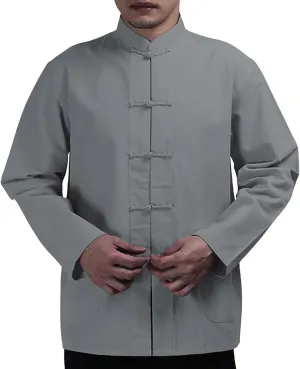 Men's Cotton Linen Kung Fu Shirts Long Sleeve Mandarin Collar Frog-Button Tang Suit Chinese Traditional Tops for Men