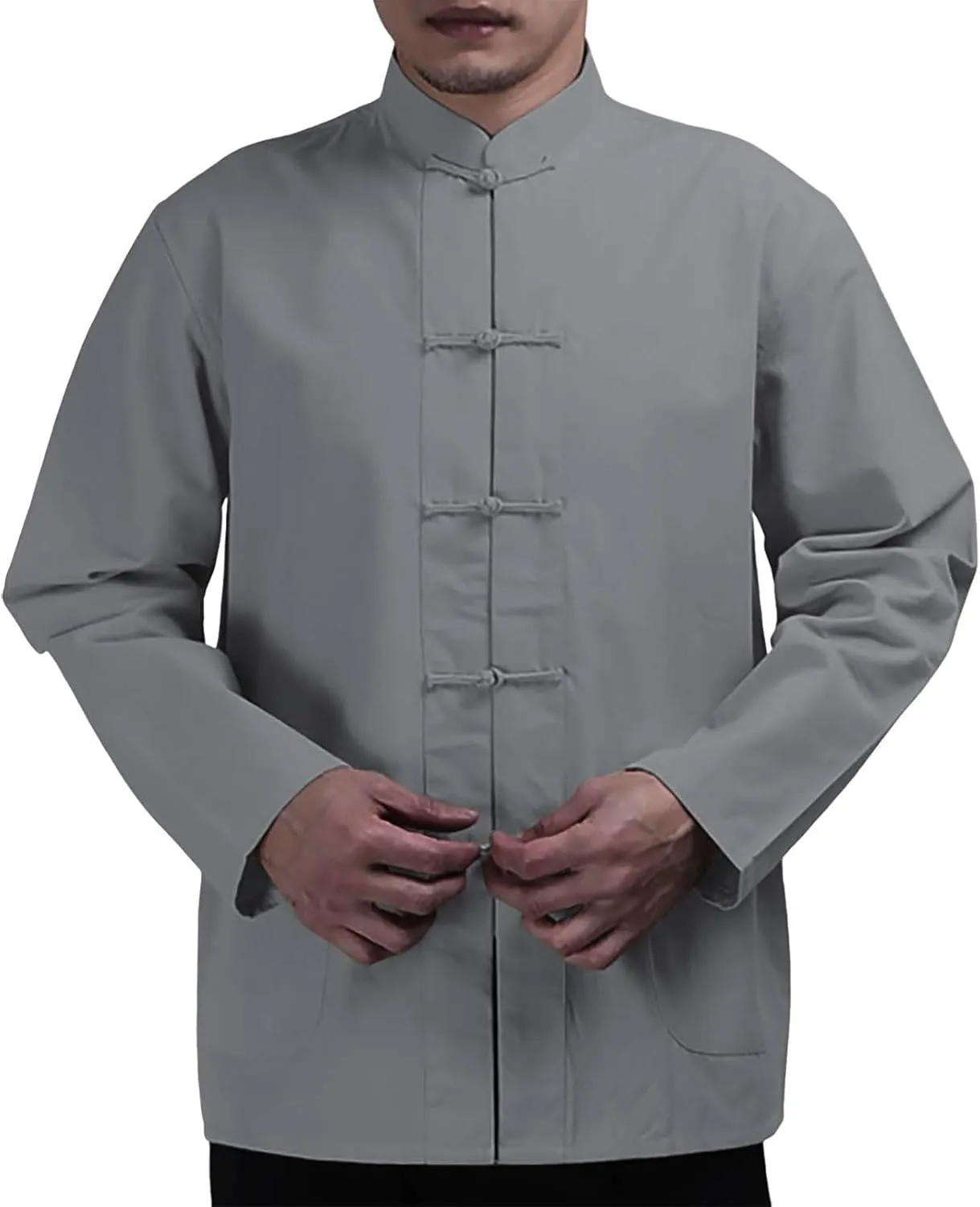 Men's Cotton Linen Kung Fu Shirts Long Sleeve Mandarin Collar Frog-Button Tang Suit Chinese Traditional Tops for Men
