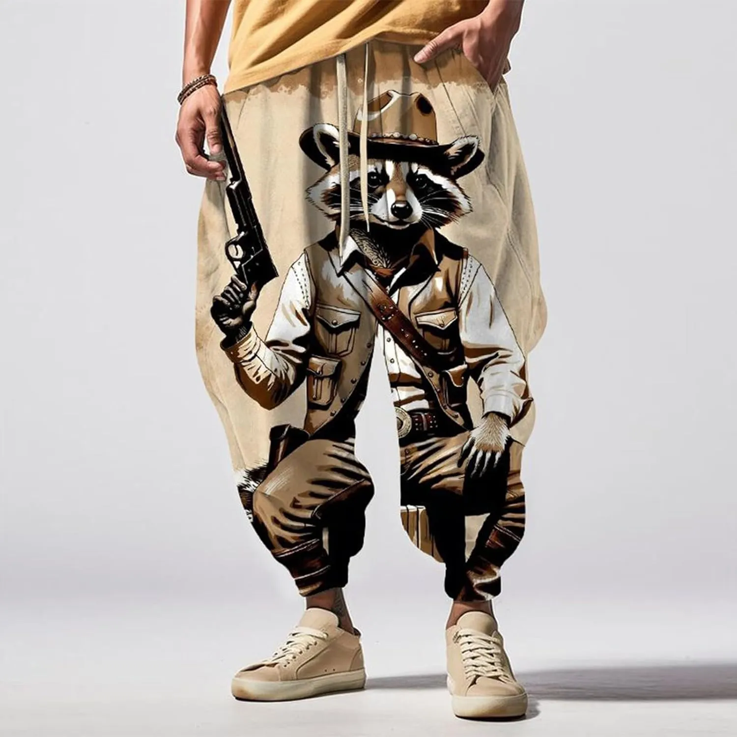 Men's Drawstring Hippie Harem Pants Men's Autumn Fun Print Fashion Street Feel Casual Sweatpants Athletic Running