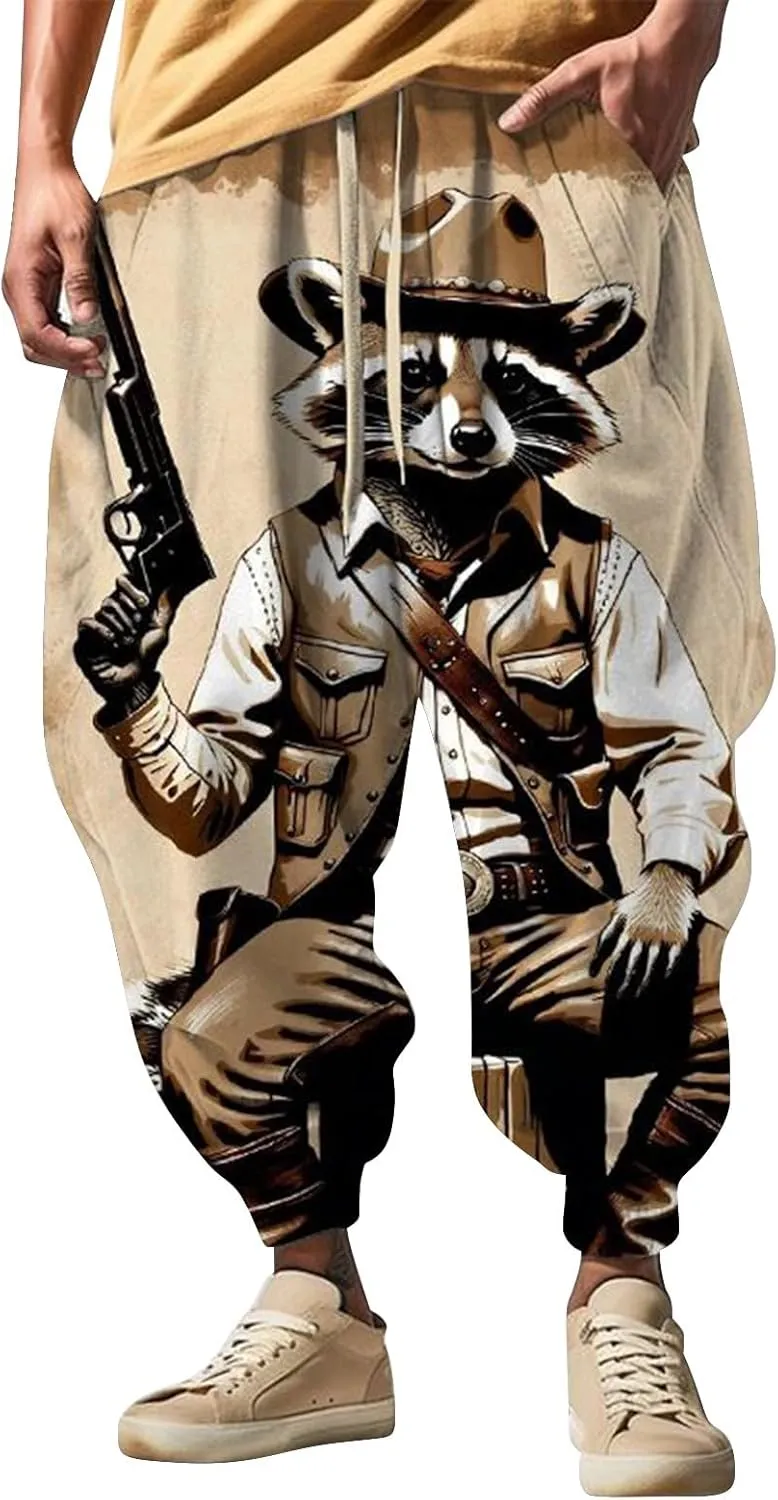 Men's Drawstring Hippie Harem Pants Men's Autumn Fun Print Fashion Street Feel Casual Sweatpants Athletic Running