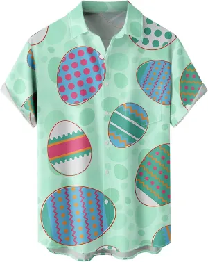 Men's Easter Hawaiian Shirt - Green, Yellow - Short Sleeve - Bunny Print - Polyester - One Size (Large) - Adult