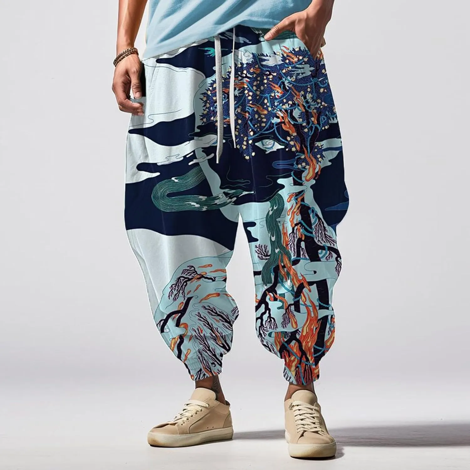 Men's Harem Drawstring Pants Men's Autumn Fun Print Fashion Street Feel Casual Sweatpants Loose Drop Crotch Trousers