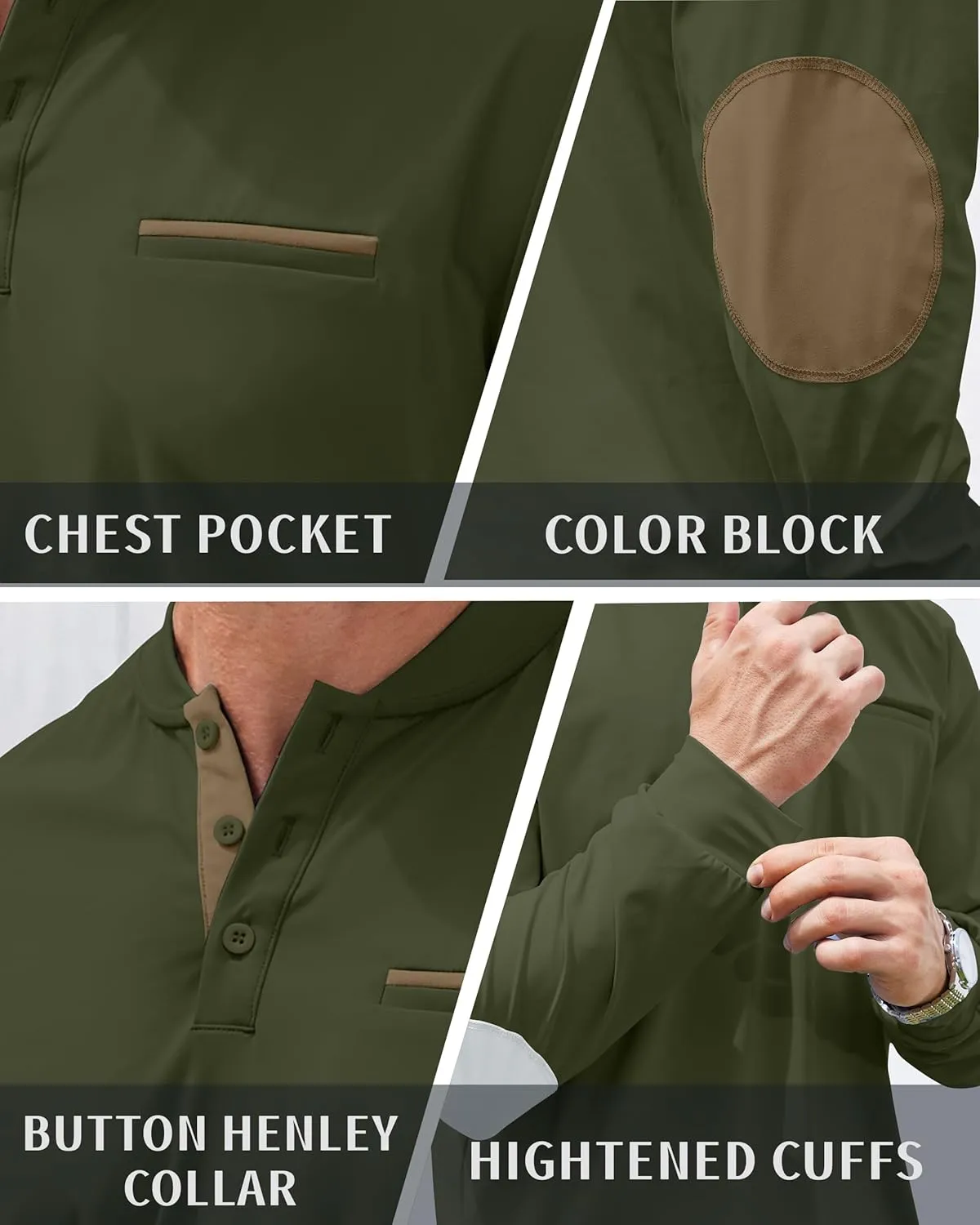 Men's Henley Golf Shirts Long Sleeve Collarless Golf Shirt Casual Moisture Wicking Quick Dry Shirts with Pocket