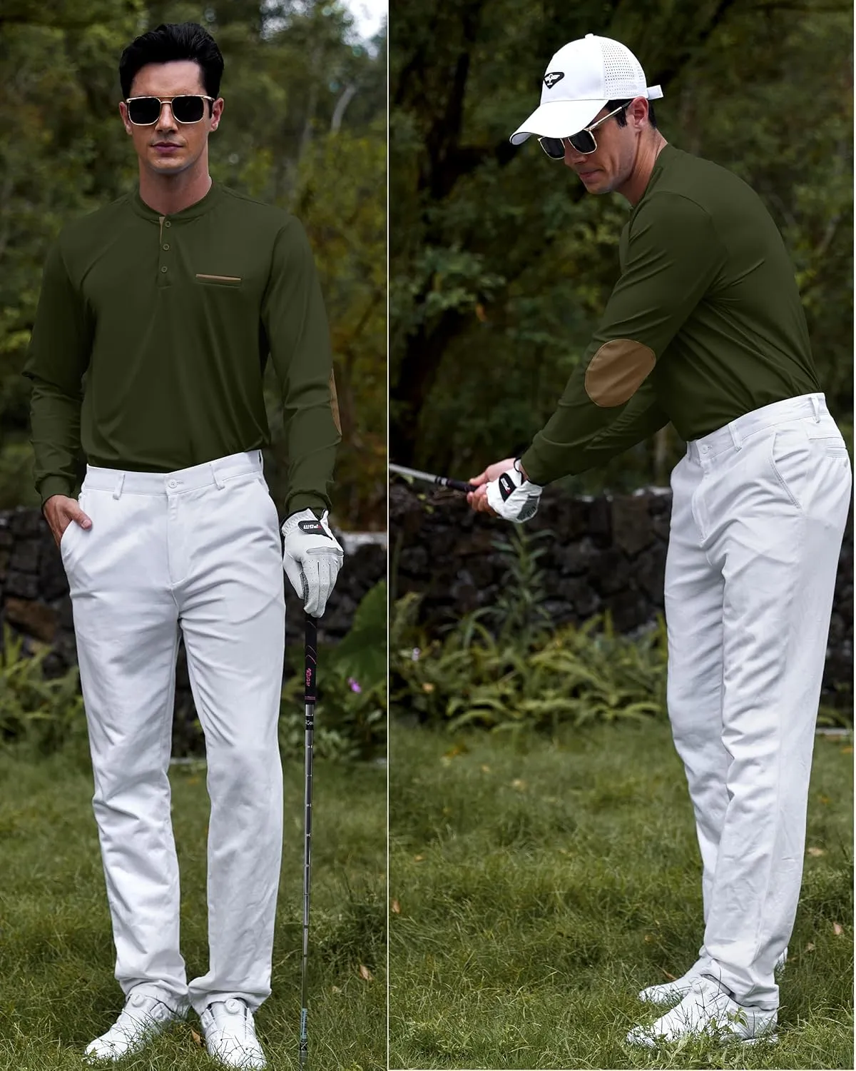 Men's Henley Golf Shirts Long Sleeve Collarless Golf Shirt Casual Moisture Wicking Quick Dry Shirts with Pocket