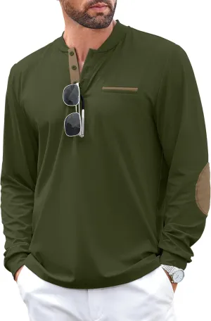 Men's Henley Golf Shirts Long Sleeve Collarless Golf Shirt Casual Moisture Wicking Quick Dry Shirts with Pocket