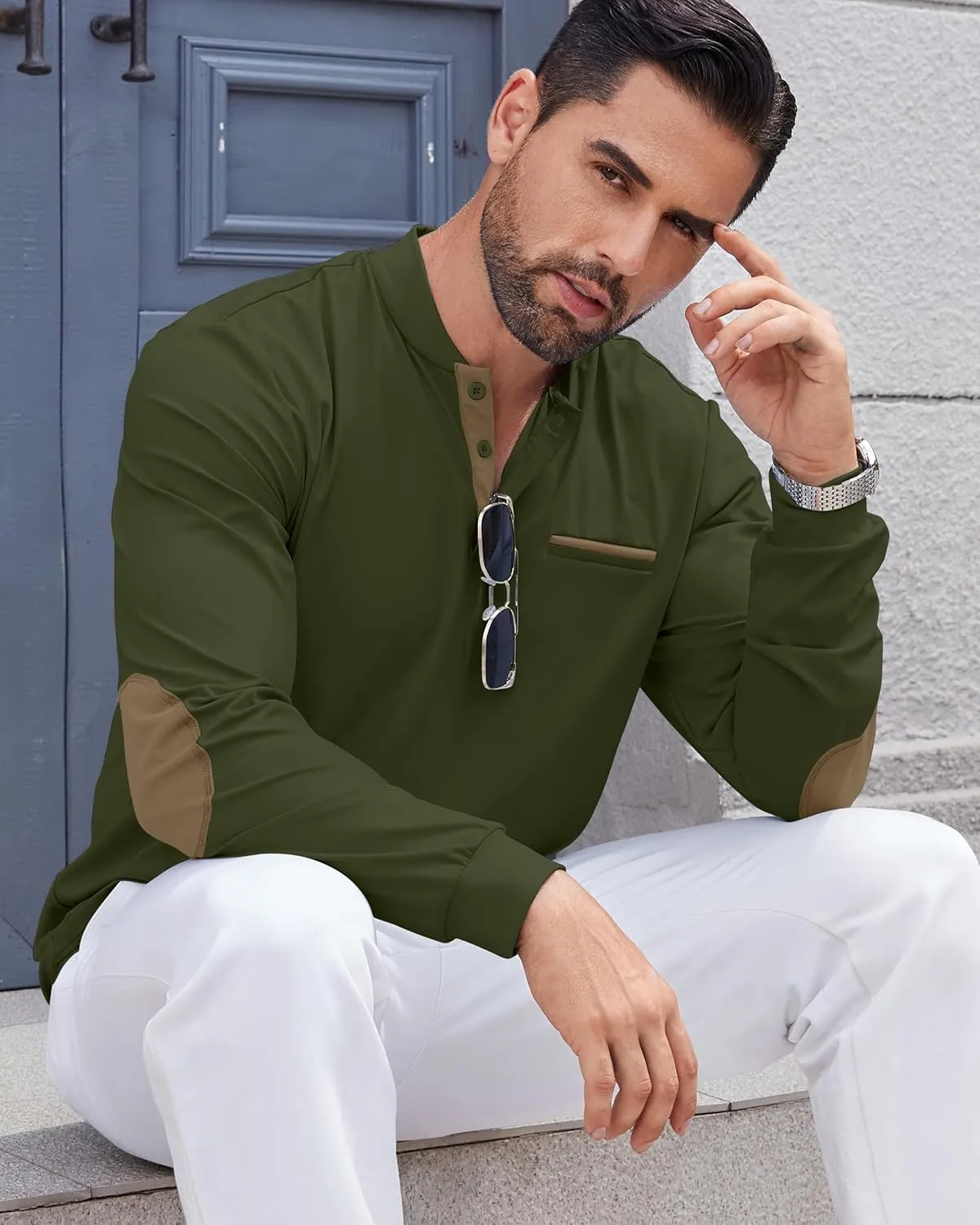 Men's Henley Golf Shirts Long Sleeve Collarless Golf Shirt Casual Moisture Wicking Quick Dry Shirts with Pocket