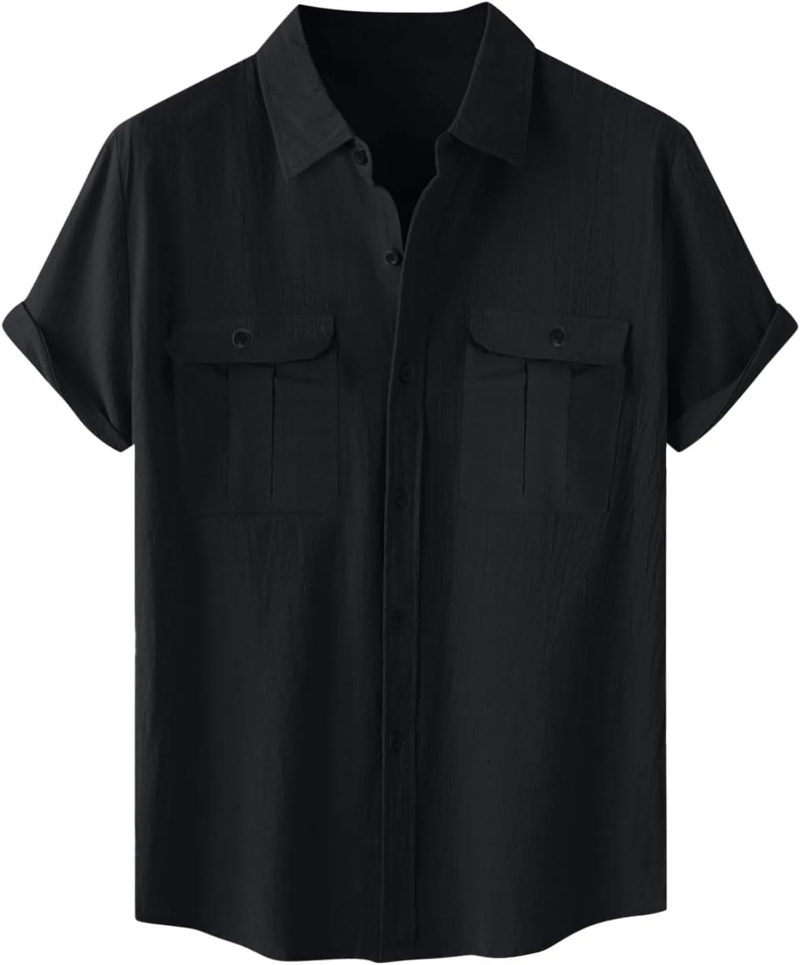 Mens Linen Button Down Shirt Short Sleeve Casual Stylish Beach Shirts Loose Solid Basic Collared Shirt with Pockets