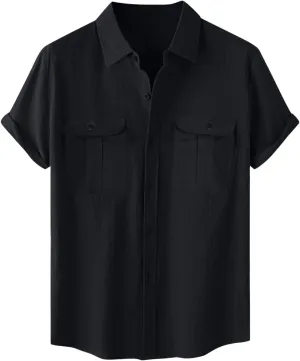 Mens Linen Button Down Shirt Short Sleeve Casual Stylish Beach Shirts Loose Solid Basic Collared Shirt with Pockets