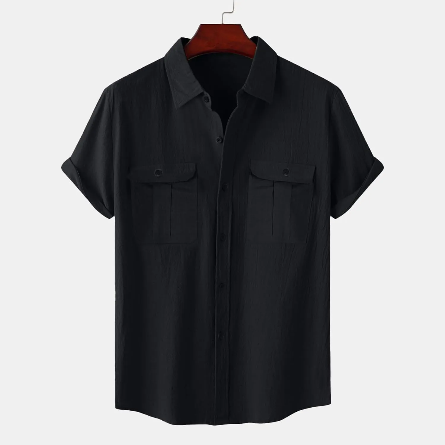 Mens Linen Button Down Shirt Short Sleeve Casual Stylish Beach Shirts Loose Solid Basic Collared Shirt with Pockets