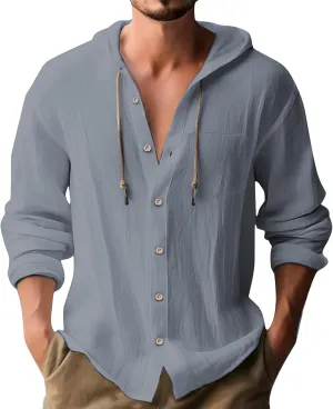 Mens Linen Button Down Shirts Casual Long Sleeve Roll-Up V Neck Hooded Summer Casual Hawaiian Beach Tops