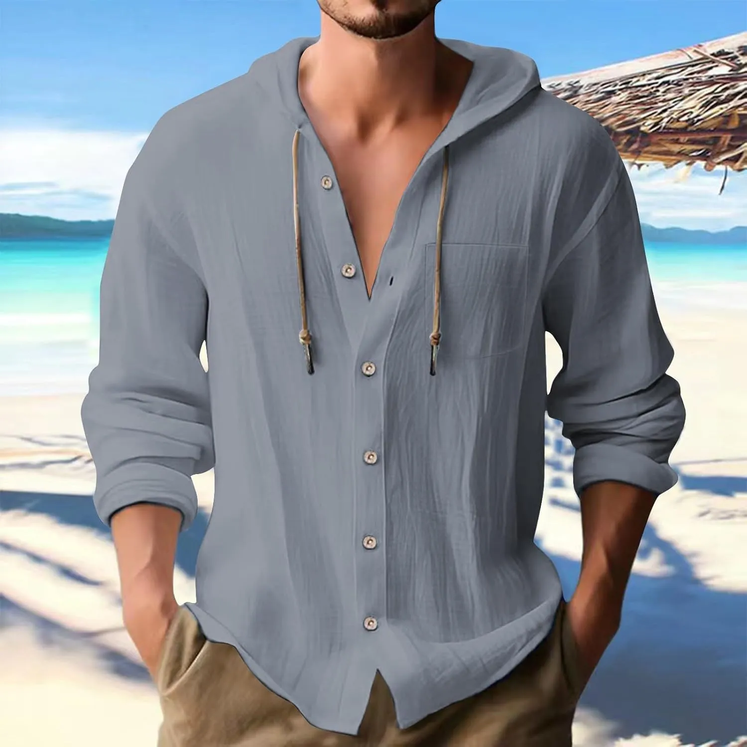 Mens Linen Button Down Shirts Casual Long Sleeve Roll-Up V Neck Hooded Summer Casual Hawaiian Beach Tops
