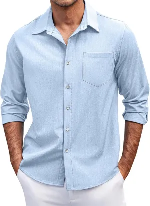 Mens Long Sleeve Button Down Shirts Casual Simple Solid Tops for Men Funny Print Party Dress Shirt Holiday Outfits
