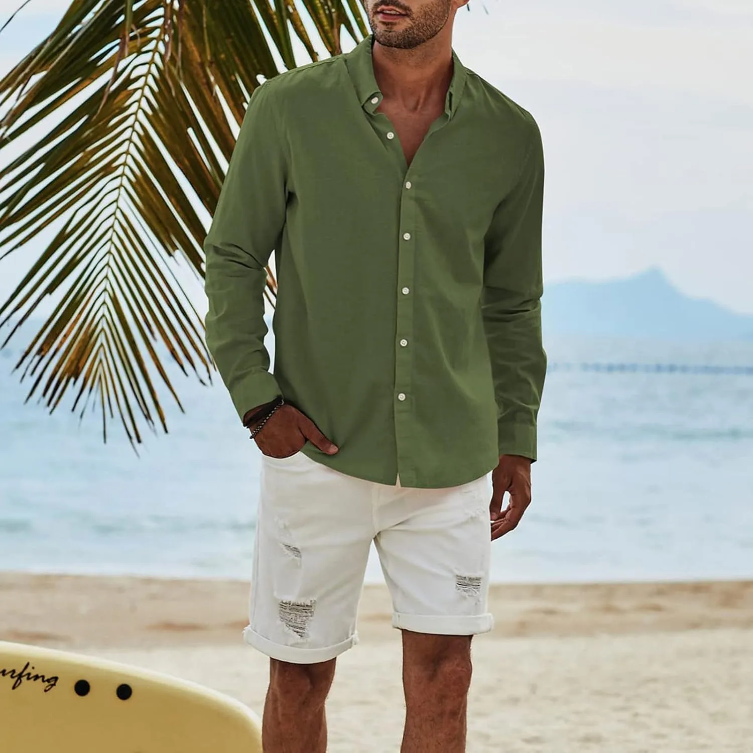 Mens Long Sleeve Dress Shirts Business Casual Button Down Regular Fit Vacation Beach Wedding Shirts with Pocket