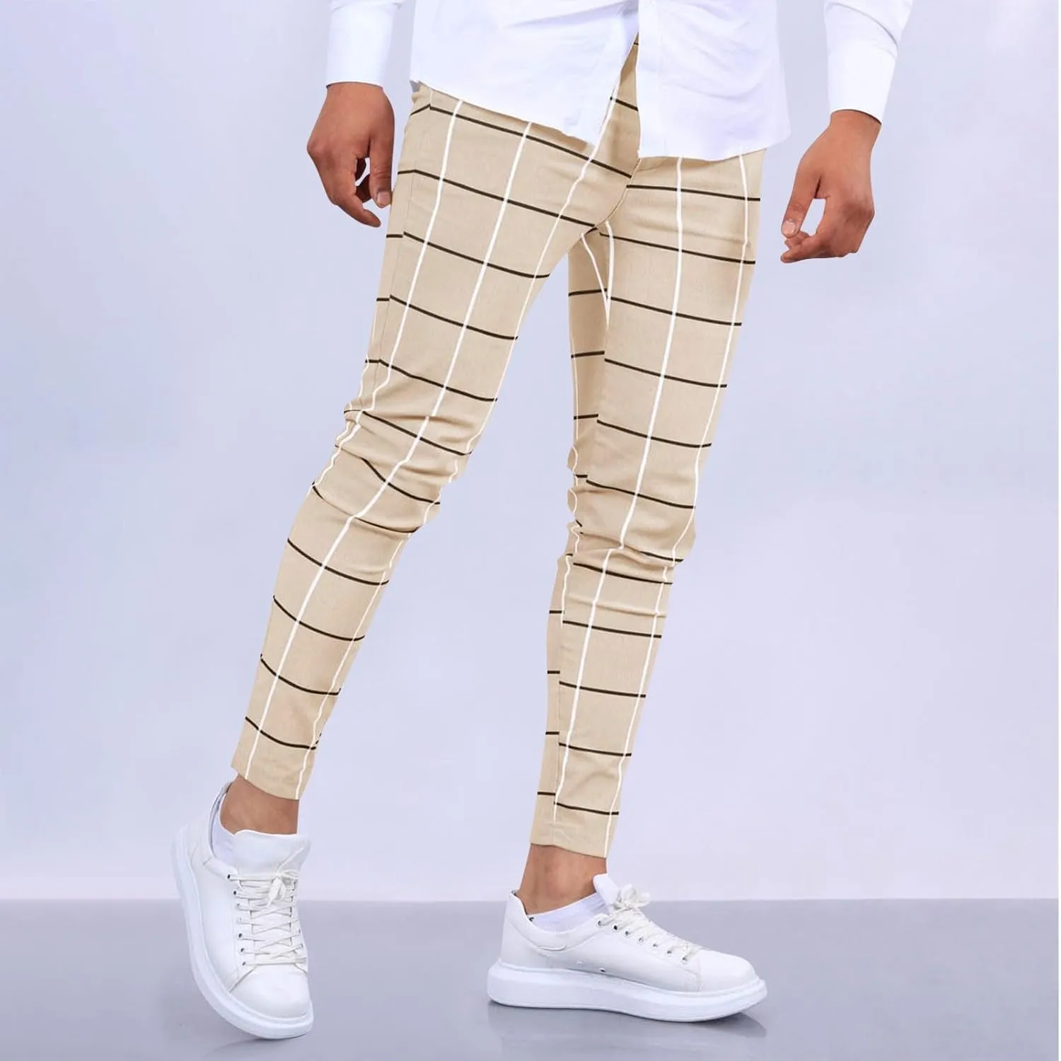 Mens Plaid Dress Pants Fashion Stretch Chino Pants Men Slim Fit Skinny Long Pants Casual Business Golf Pants