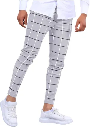 Mens Plaid Dress Pants Fashion Stretch Chino Pants Men Slim Fit Skinny Long Pants Casual Business Golf Pants