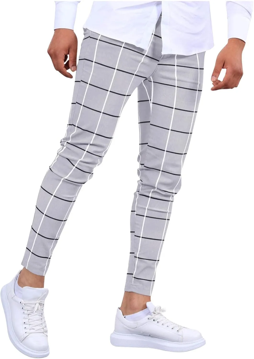 Mens Plaid Dress Pants Fashion Stretch Chino Pants Men Slim Fit Skinny Long Pants Casual Business Golf Pants