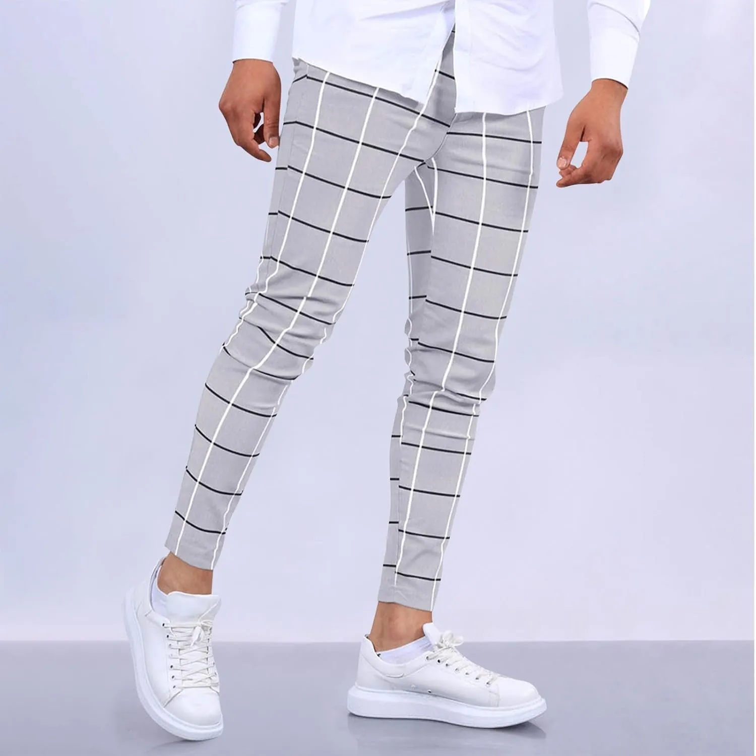 Mens Plaid Dress Pants Fashion Stretch Chino Pants Men Slim Fit Skinny Long Pants Casual Business Golf Pants