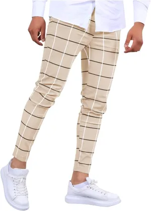 Mens Plaid Dress Pants Fashion Stretch Chino Pants Men Slim Fit Skinny Long Pants Casual Business Golf Pants