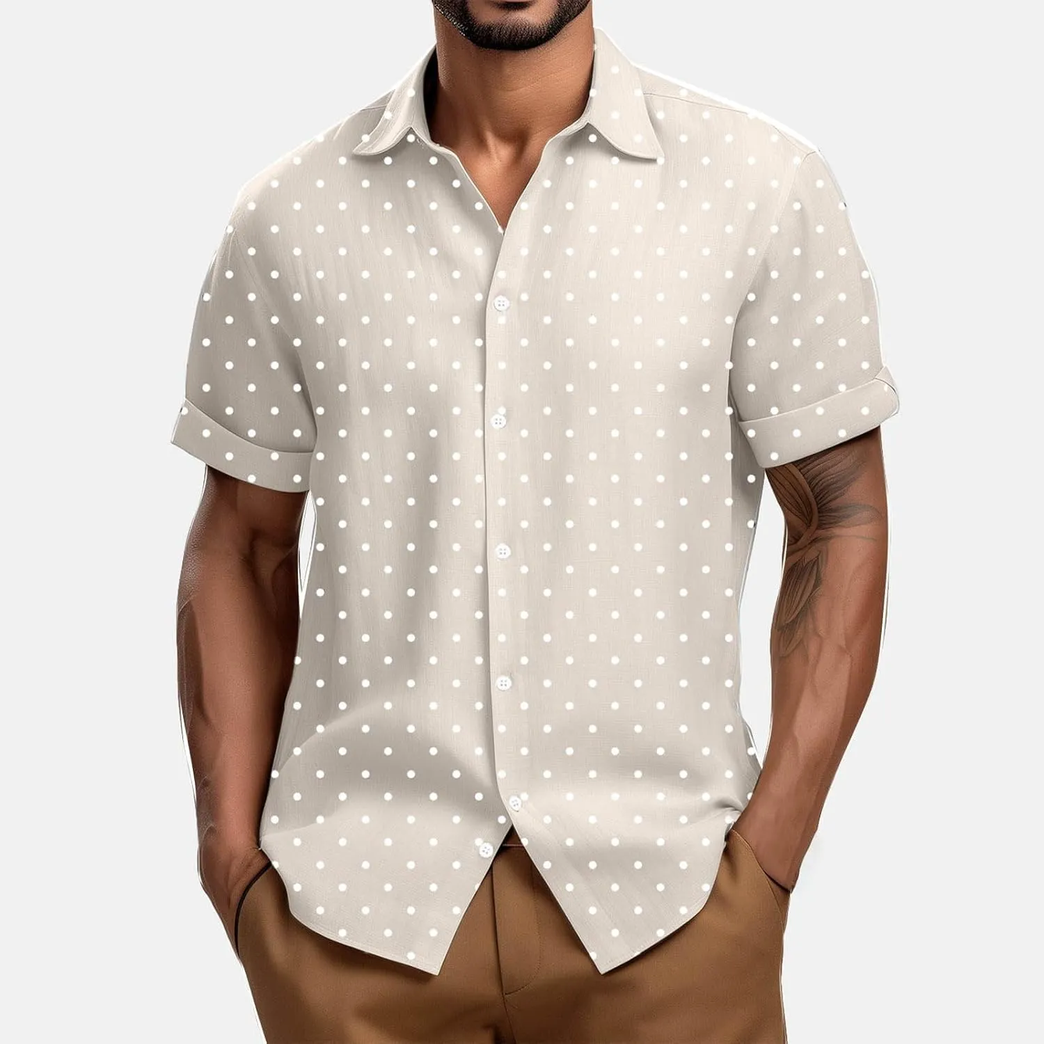 Men's Polka Dot Button Down Shirts, Fashion Loose Lapel Short Sleeve Tops Summer Going Out Casual Tees