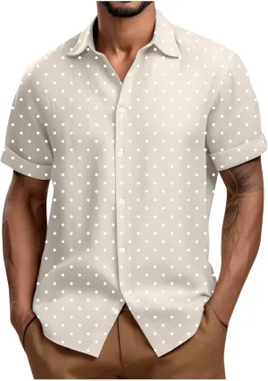 Men's Polka Dot Button Down Shirts, Fashion Loose Lapel Short Sleeve Tops Summer Going Out Casual Tees