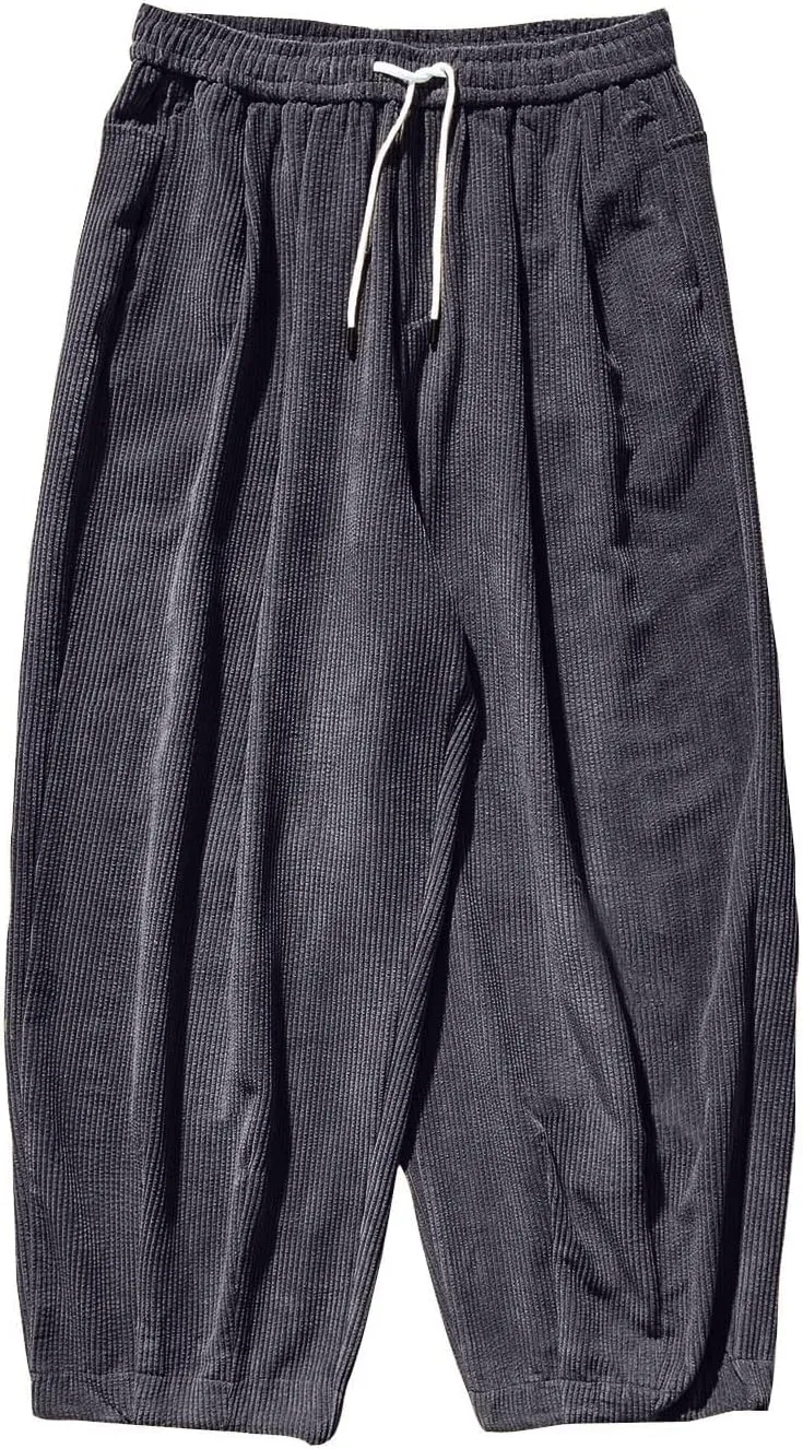 Men's Retro Corduroy Pants Elastic Waist Drawstring Baggy Harem Pants Stretch Fit Plus Size Bloomers Slacks with Pockets