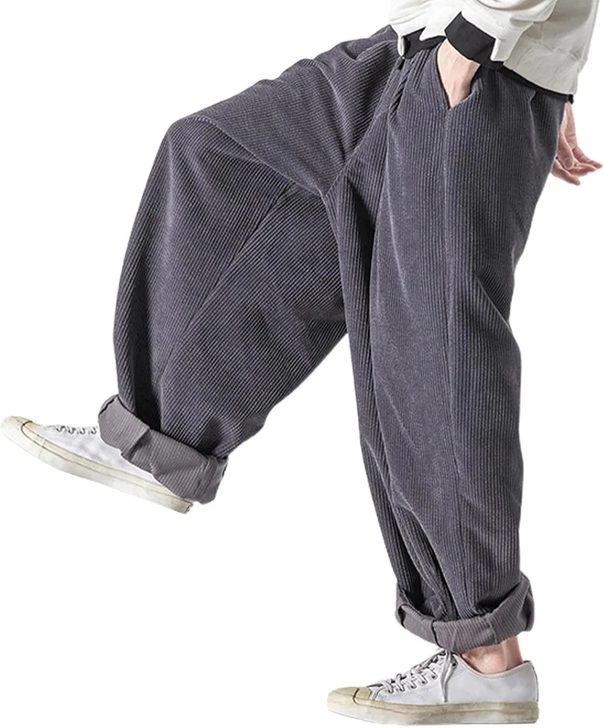 Men's Retro Corduroy Pants Elastic Waist Drawstring Baggy Harem Pants Stretch Fit Plus Size Bloomers Slacks with Pockets